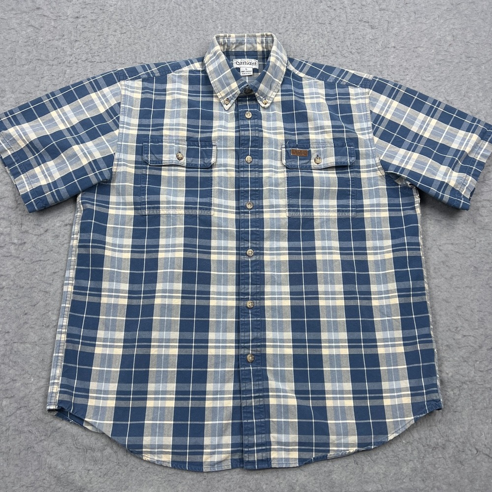 Carhartt Work Shirt Men's Large Blue Plaid Relaxed Fit Short Sleeve Button Down